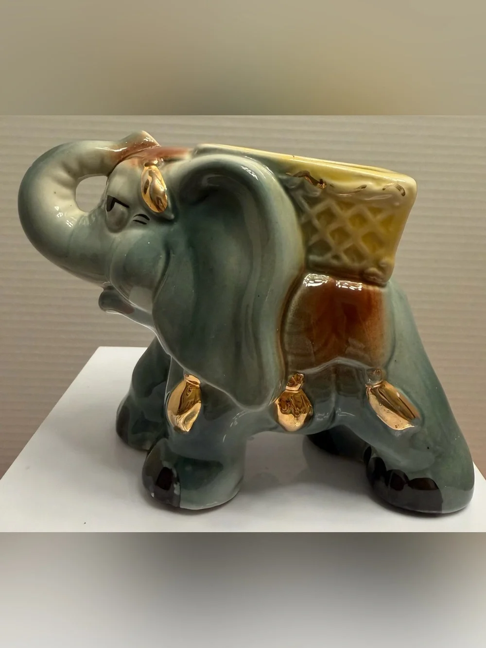 Vintage Mid Century Ceramic Elephant Planter Gold Gilt Howdah